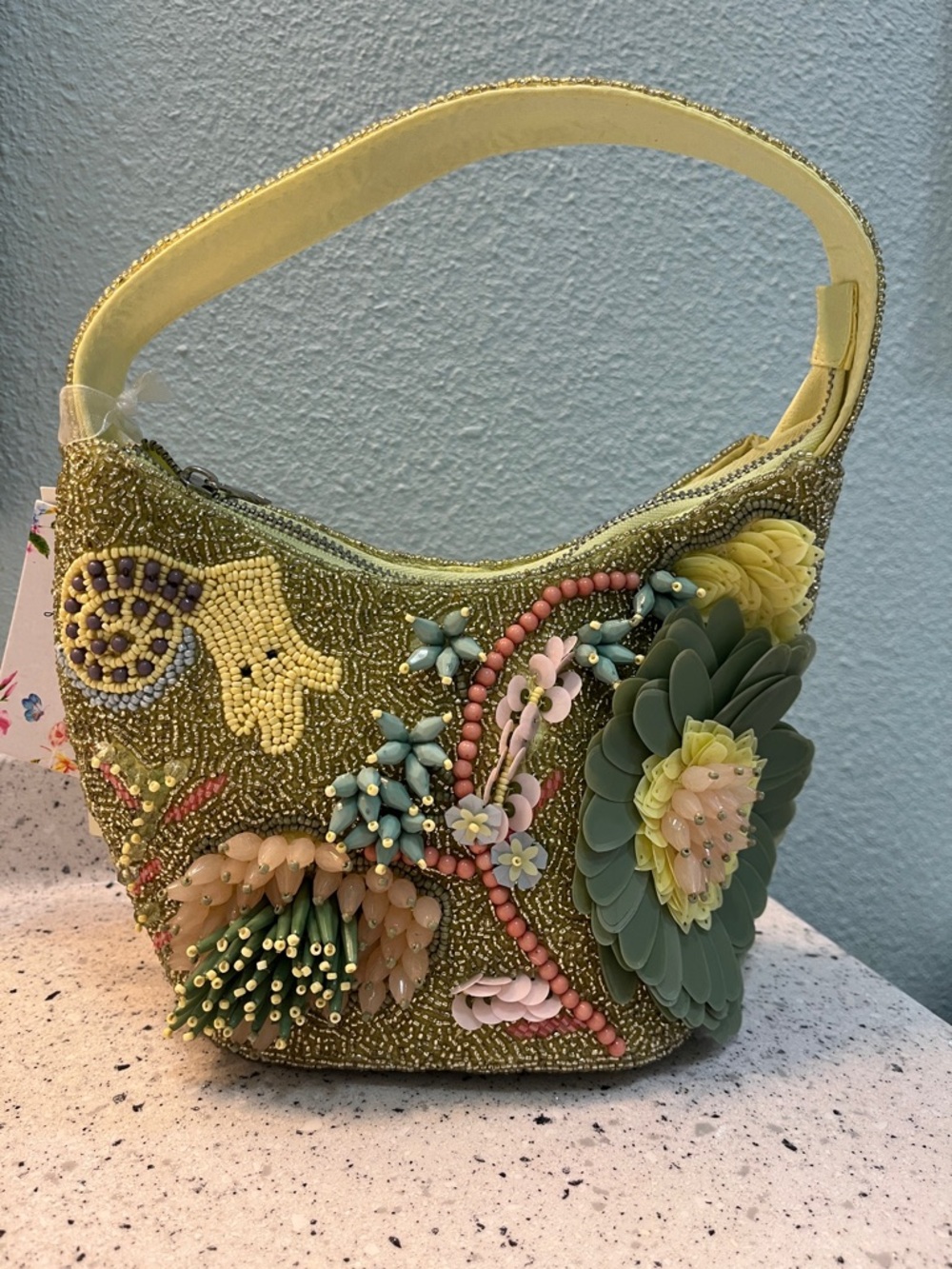 Beaded Embellished Green Floral Mini Shoulder Bag